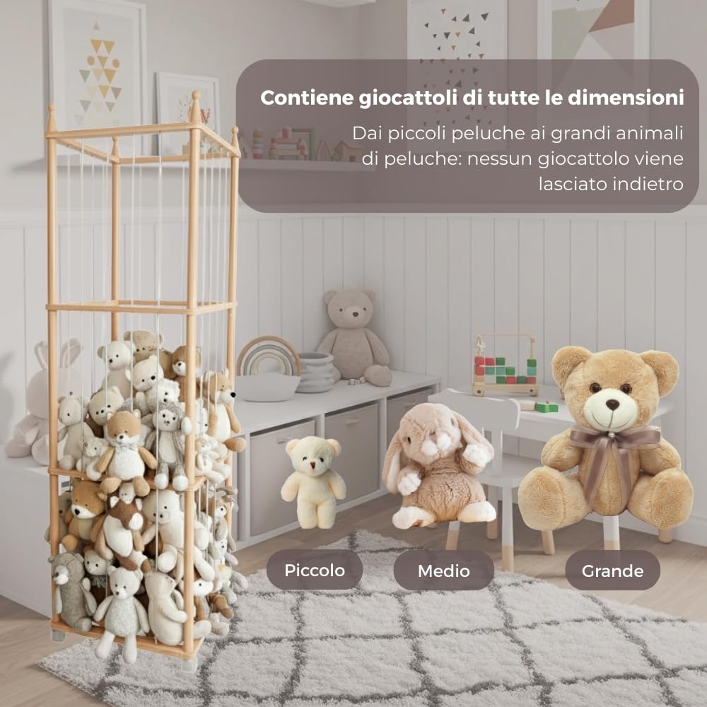 Wonder Space Scaffale in Legno per Peluche con Ruote, Grande Organizzatore Giocattoli per Cameretta, Supporto Sicuro ed Ecologico per Neonati e Bambini (Legno naturale)