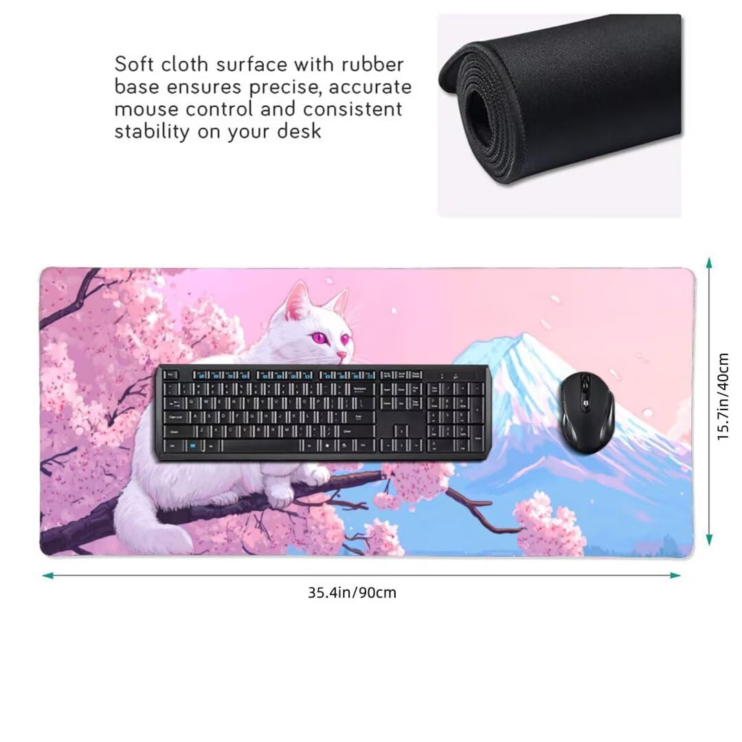 Tappetino Mouse XXL 1400x600x3mm Tappetino Mouse Giappone Gatto Impermeabile Tappetino Gaming Mouse Pad XXL Tappetino Scrivania, Base Antiscivolo Migliora Precisione e Velocità per Desktop/Ufficio