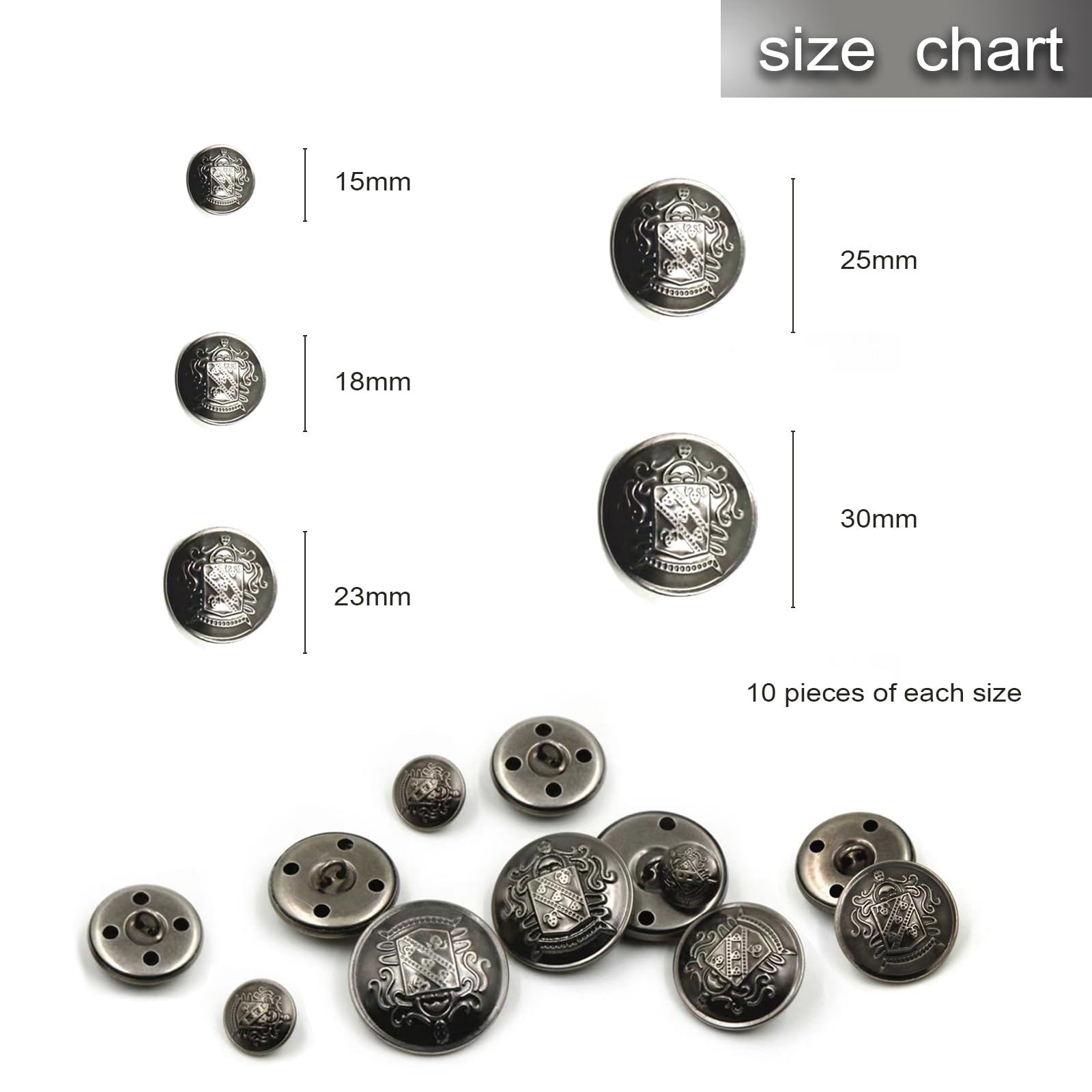 50 Boutons En Métal Argenté - 5 Tailles (15mm à 30mm) Pour Costumes Et Vestes