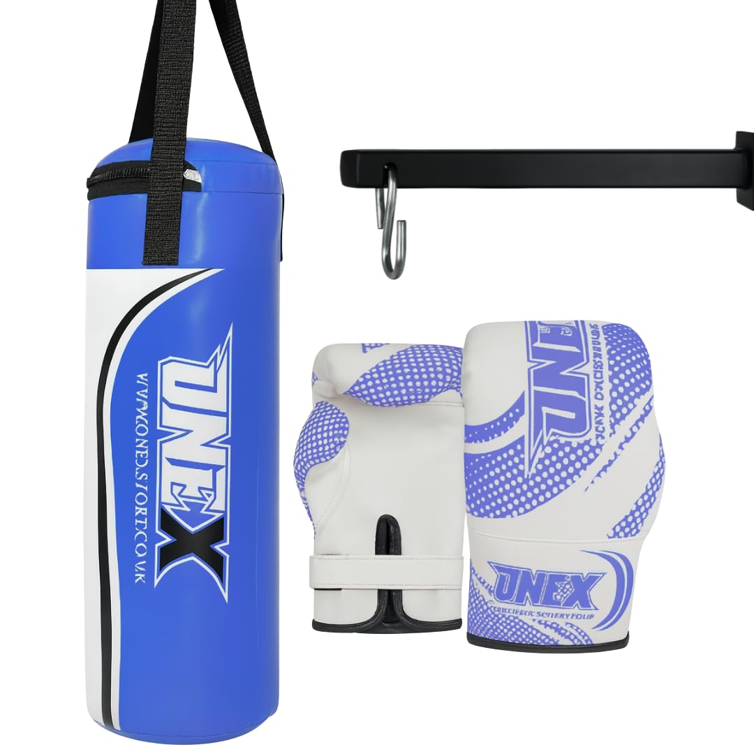 ONEX Kids Punch Bag Set – 40cm Hanging Boxing Bag with 2oz Gloves – Junior Training Kit (1.25FT) suitable for 3 to 4 years children MMA, Kickboxing, Karate & Home Fitness (Blue With Wall Bracket)