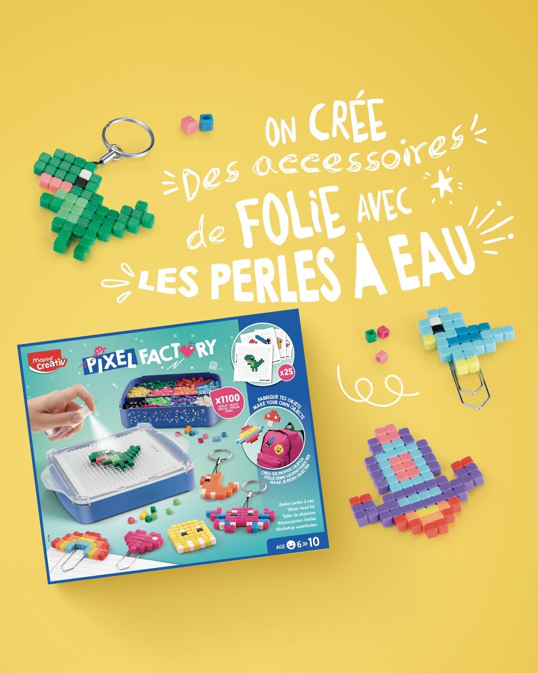Maped Creativ - Pixel Factory - Kit Complet pour Création d'Objets en Perles à Eau Style Pixel Art - Modèles, Perles à Eau Carrées, Grille de Création & Accessoires - Activité Manuelle Dès 6 Ans