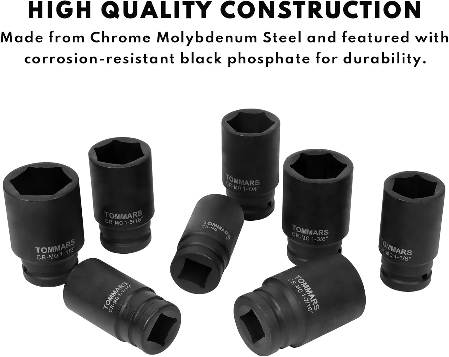 TOMMARS 3/4“ Dr. Deep Impact Socket Set, 8 Piece SAE 1" to 1-1/2" Deep Jumbo Impact Socket Set Cr-Mo Steel for Axle Wheel Spindle Nuts