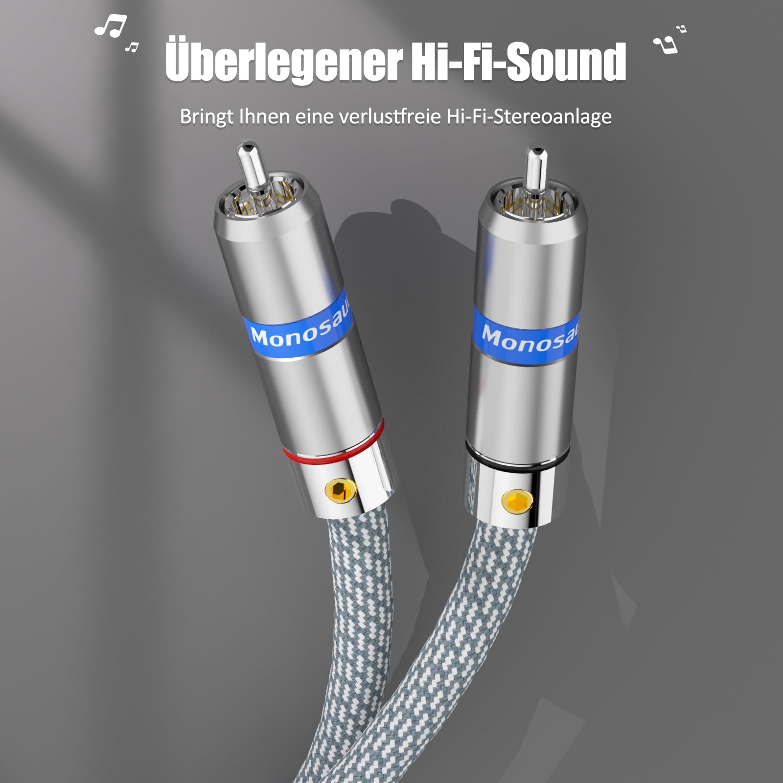 Monosaudio Cavo RCA Hi-End 1,5 m A202R6R – placcato in rodio RCA 4N OFC rame senza ossido, doppia schermatura, cavo audio stereo per lettore CD/amplificatore/giradischi/altoparlanti