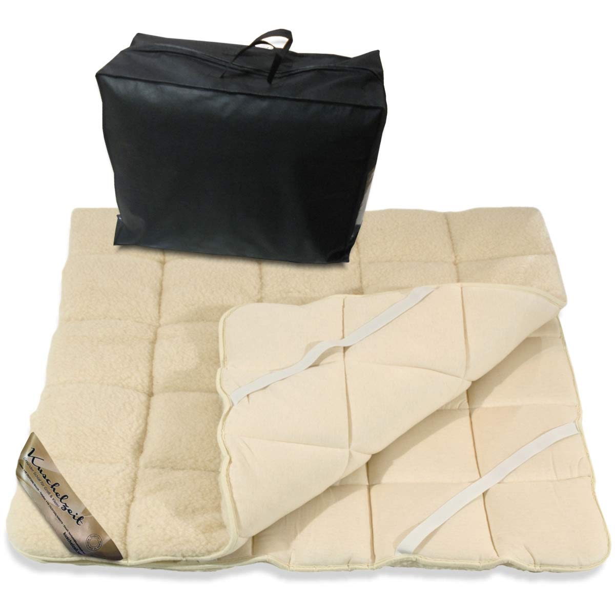 Dickes Merino Schafschurwolle Unterbett in 140x200 cm mit 2200 g Füllung Plus bauschiger Lammflor Oberseite mit 400 g/m² und Baumwoll - Unterseite mit 4 Eckgummis – Made in Germany