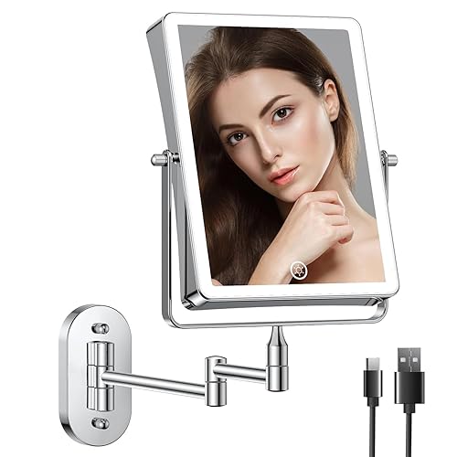 FASCINATE Espejo de maquillaje recargable montado en la pared, espejo de baño rectangular de 8.7 pulgadas de doble cara 1X 10X aumento, ajuste de 3