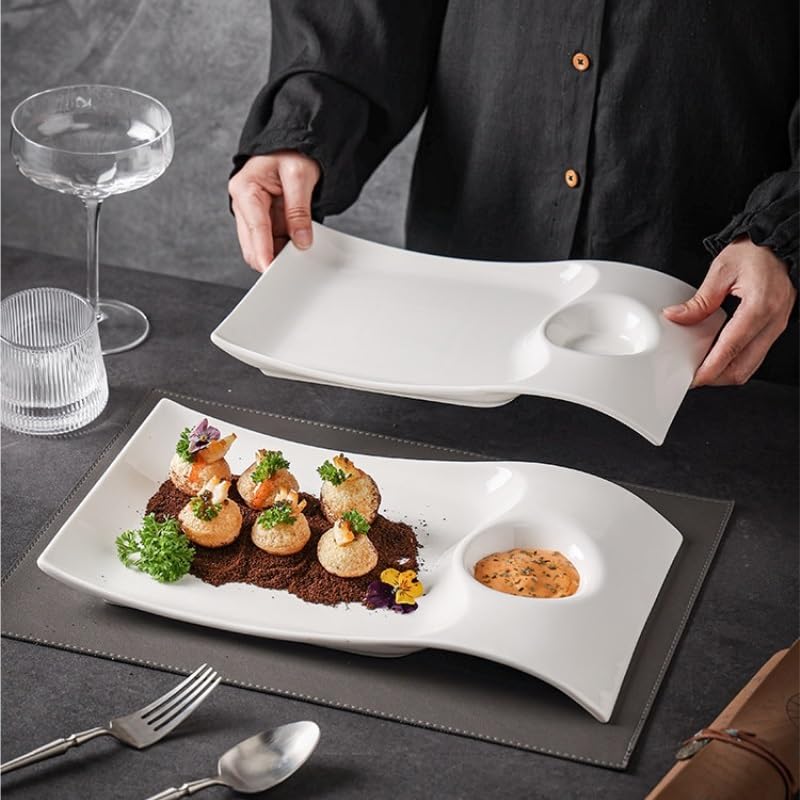 Platos de Cena Plato Rectangular de cerámica con Compartimento for vinagre, vajilla de Estilo Chino for Bola de Masa, Pato asado y Comida fría Platos de Pasta(M)