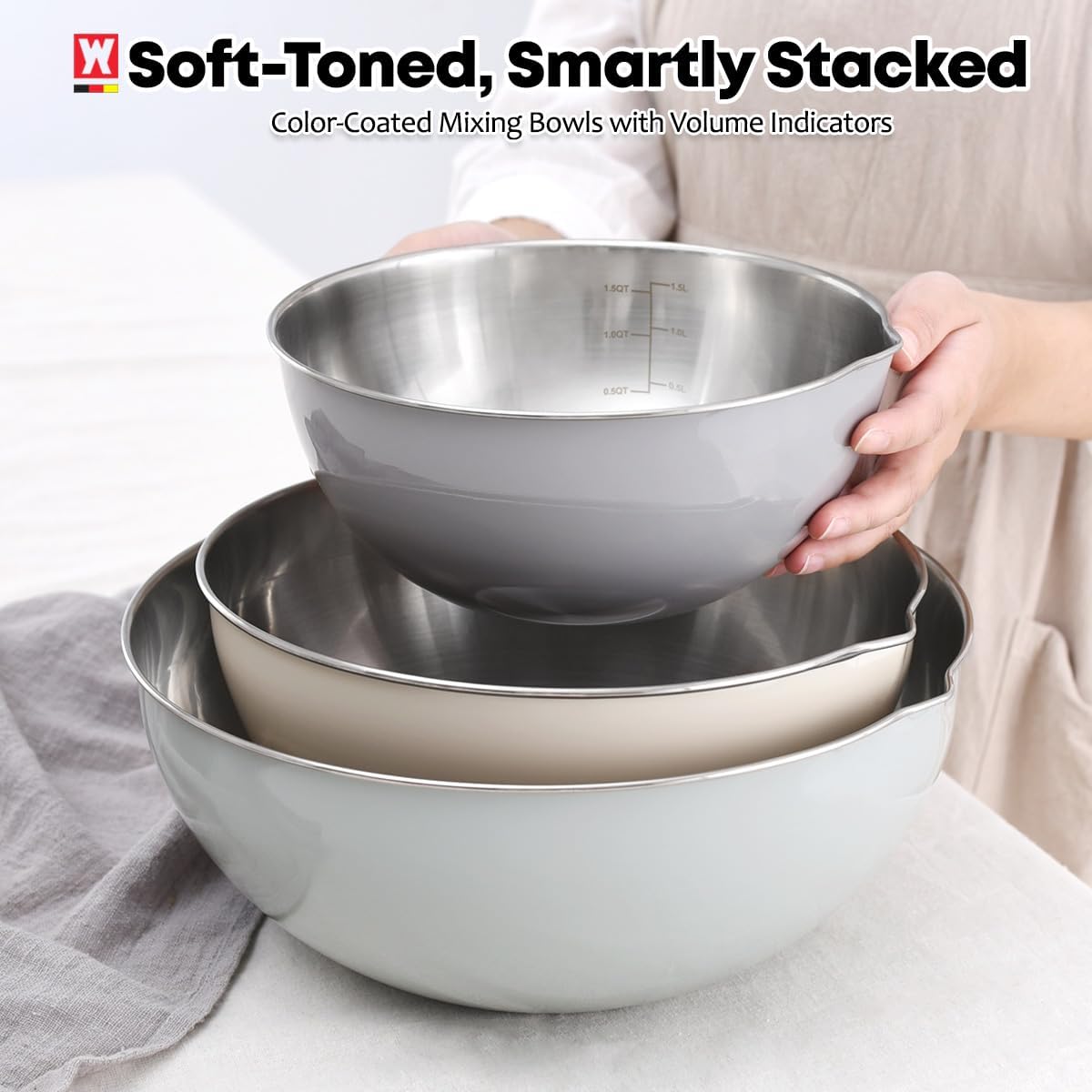 3-Piece Stainless Steel Mixing Bowl Set, Beige/Mint Green/Light Gray, Nesting Design with Pure Spout, Multipurpose Kitchen Basket /1.56Quarts/3.17Quarts/4.23Quarts (Assorted Color)