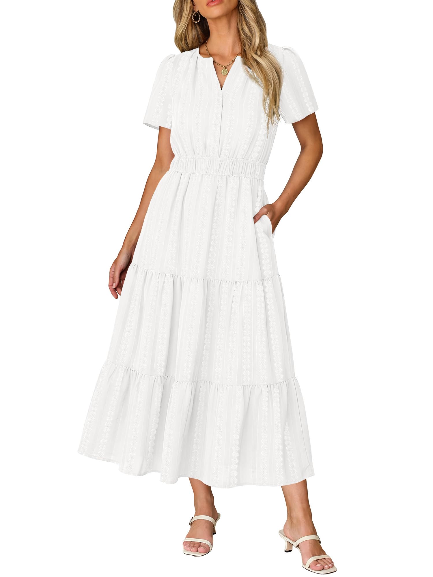 RUMIA Women Casual Midi Maxi Dresses Short Sleeve V Neck Elastic Waist Vacation Dress Pockets（S-2XL — view 22