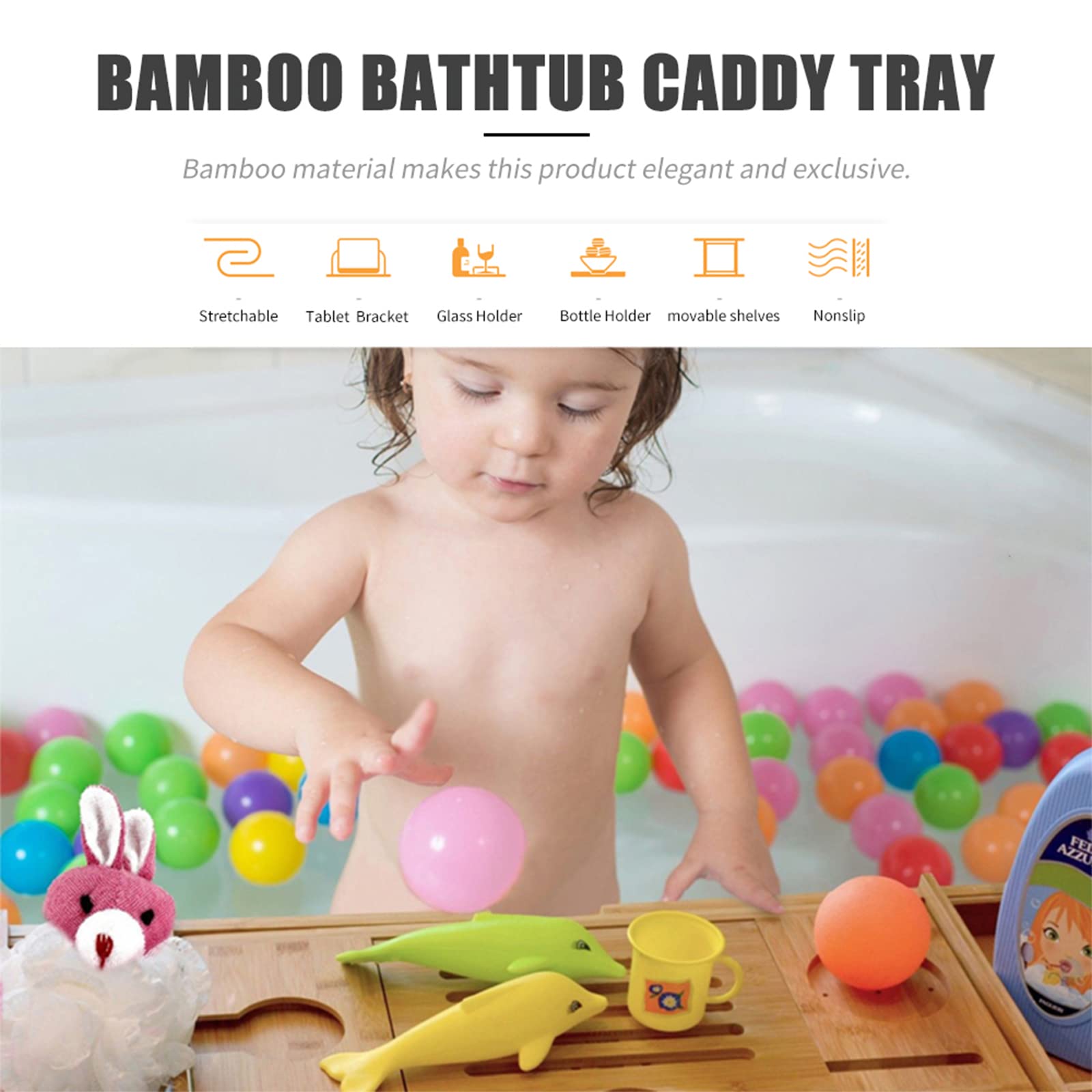 Bandeja para bañera, Bandeja para bañera de bambú con Patas Plegables, Bandeja para bañera de bambú con Patas Ajustables, Copa de Vino y Soporte
