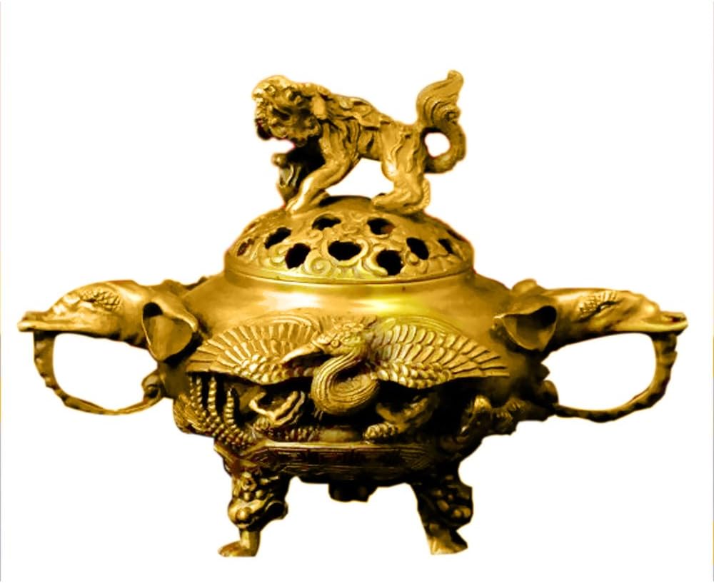 6" Bronze Chinese Dragon Lion Elephant Crane Turtle Incense Burner