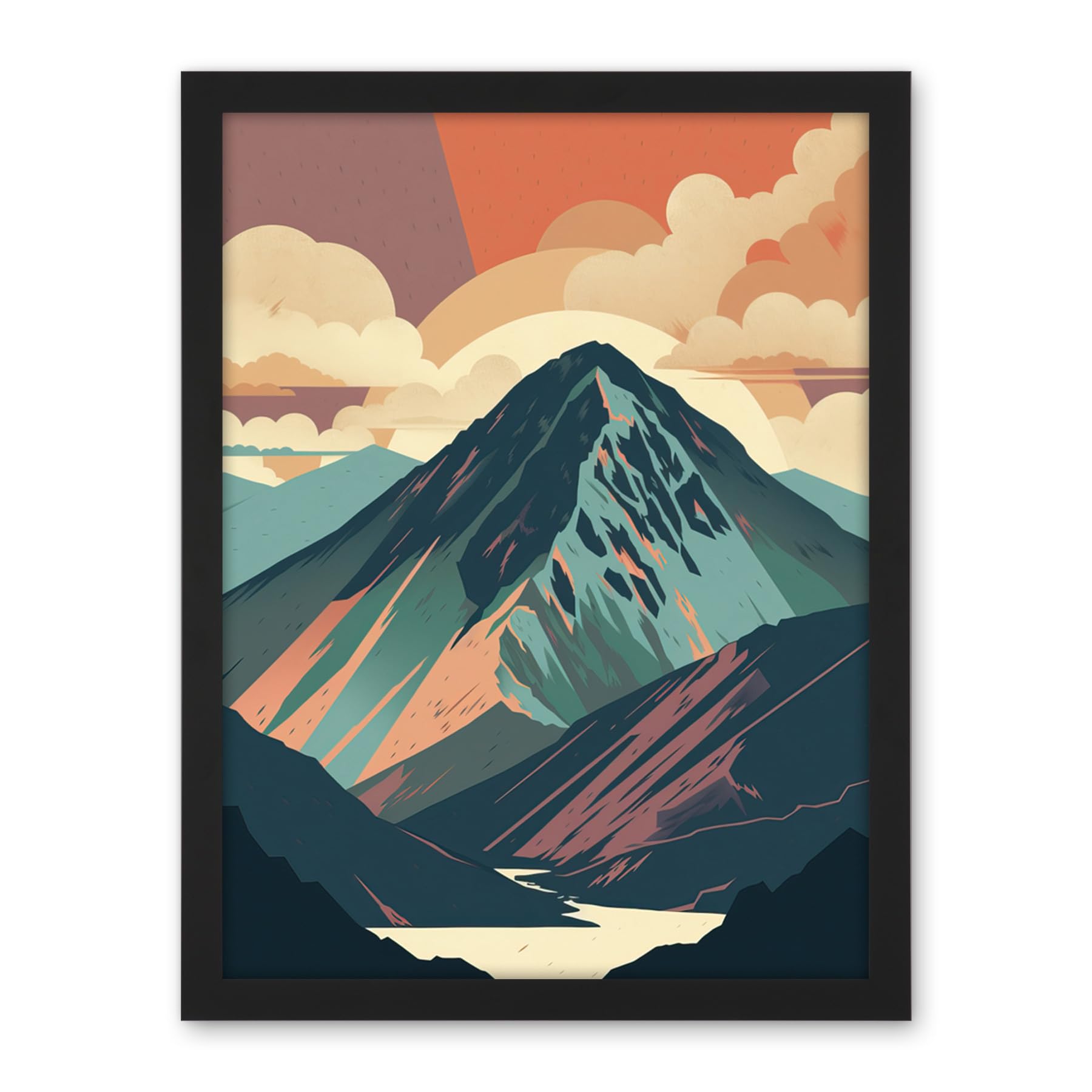 Artery8 Mountain Hill Sunrise Boho Landscape Illustration Artwork Framed Wall Art Print 18X24 Inch