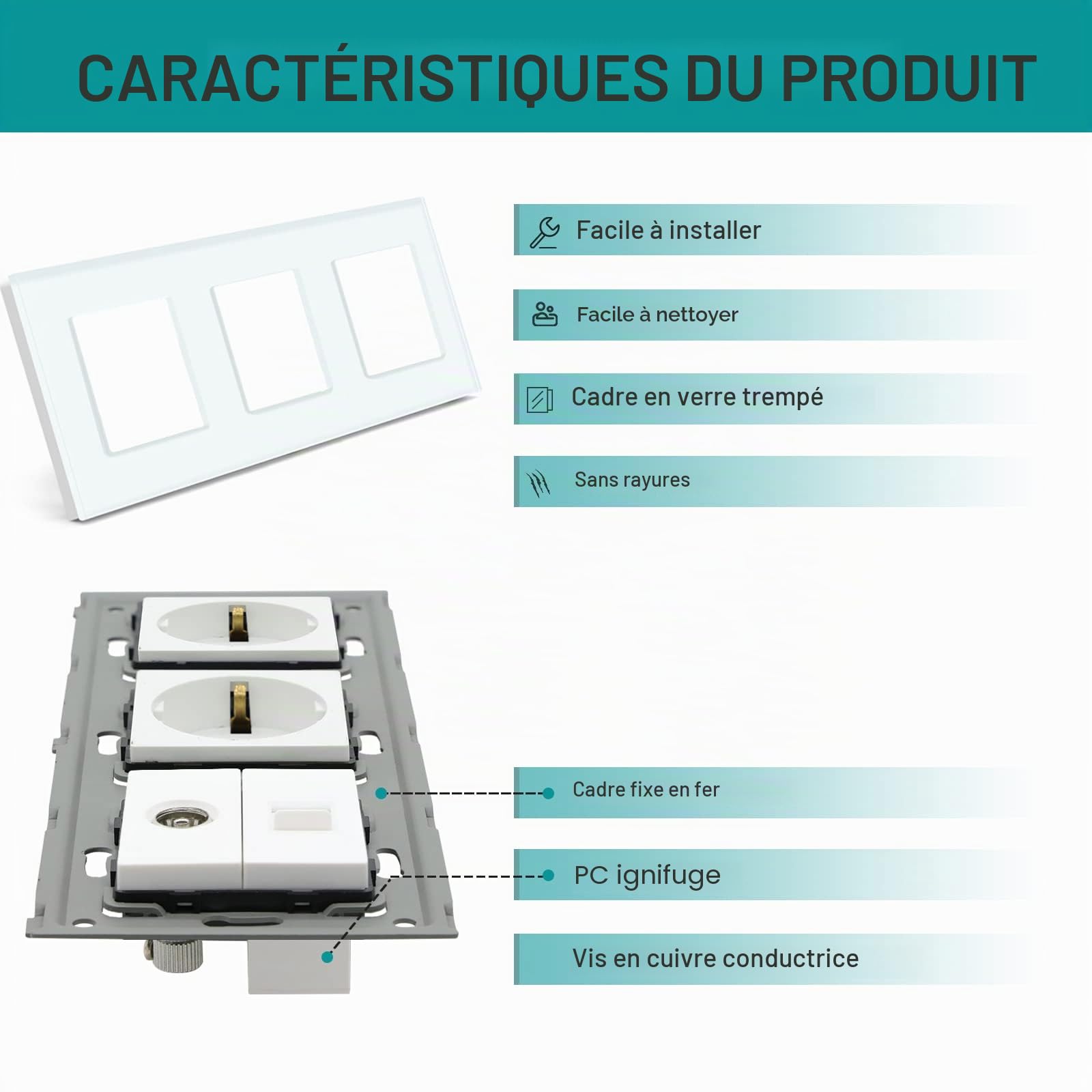 BSEED Double prise avec connecteurs d'accessoires pour TV et PC CAT5e standard de l'UE, vitre en verre CE, 16 A / 100-220 V CA (blanc)
