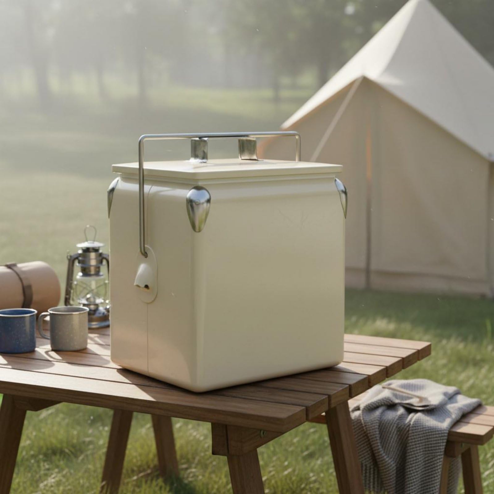 Frigorifero Portatile Borsa Termica Ghiacciaia Contenitore Isotermico in Metallo con Interno Isolato per Bevande Cassa Compatta Facile da Posizionare, Beige