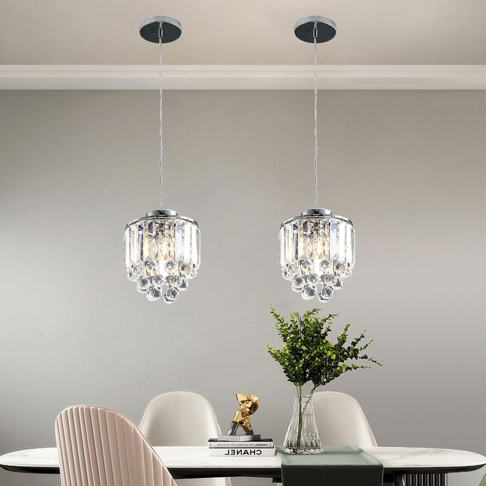 TFCFL 2 Pcs Chrome Crystal Ceiling Pendant Light, Crystal Beads Ceiling Hanging Light Fixture Pendant Light Lamp Chandelier Adjustable Height for