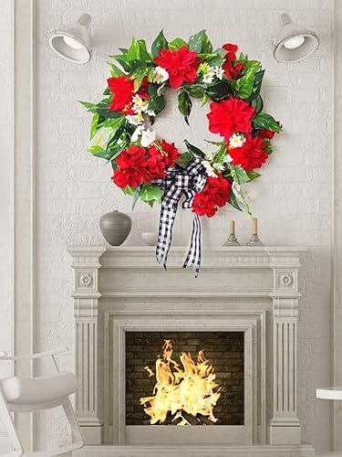 Miniatura 4 de Firlar Corona de flores artificiales de geranio, corona de puerta de geranio falso, corona de primavera y verano con hojas verdes para puerta