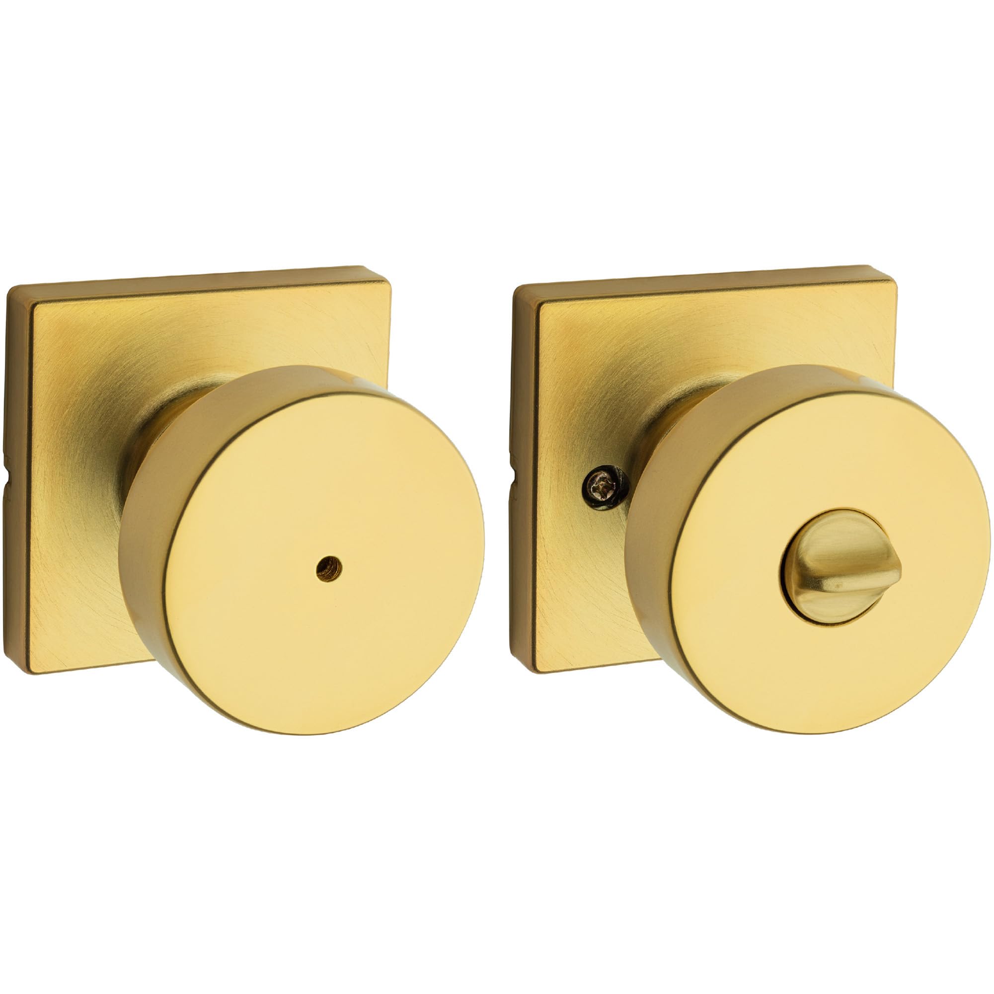 Kwikset Pismo Interior Privacy Door Knob with Lock, Door Handle for Bathroom and Bedroom, Satin Brass, Square, Keyless Turn Lock Doorknob, Microban Protection