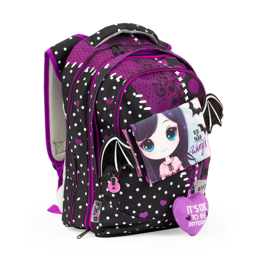 GO POP Zaino Love Dark Estensibile Round Per Bambine, 3 Scomparti E Tasche Interne, Schienale E Spallacci Imbottiti, Con Fascia Personalizzata E Pop Up, Per Scuole Elementari e Medie