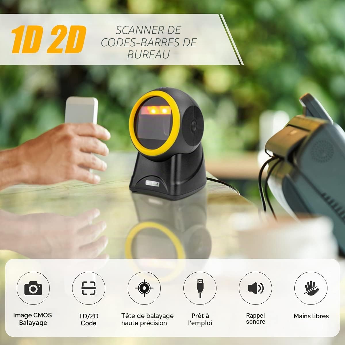 NetumScan Scanner de Codes-Barres Omnidirectionnel USB Mains Libres QR 2D pour Paiement Mobile Numérisation D'écran D'ordinateur PDF417, Data Matrix NS2055L