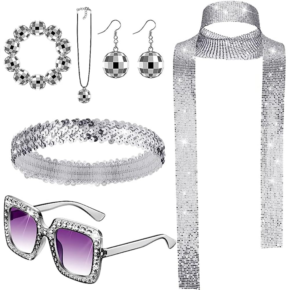 HAOYUNLAI80s Accessories Disco, Pack of 6 Disco Accessories 70s Silver Disco Ball Earrings Necklace Bracelet Sparkling Headband Sequins Scarf and Rhinestone Sunglasses for Carnival