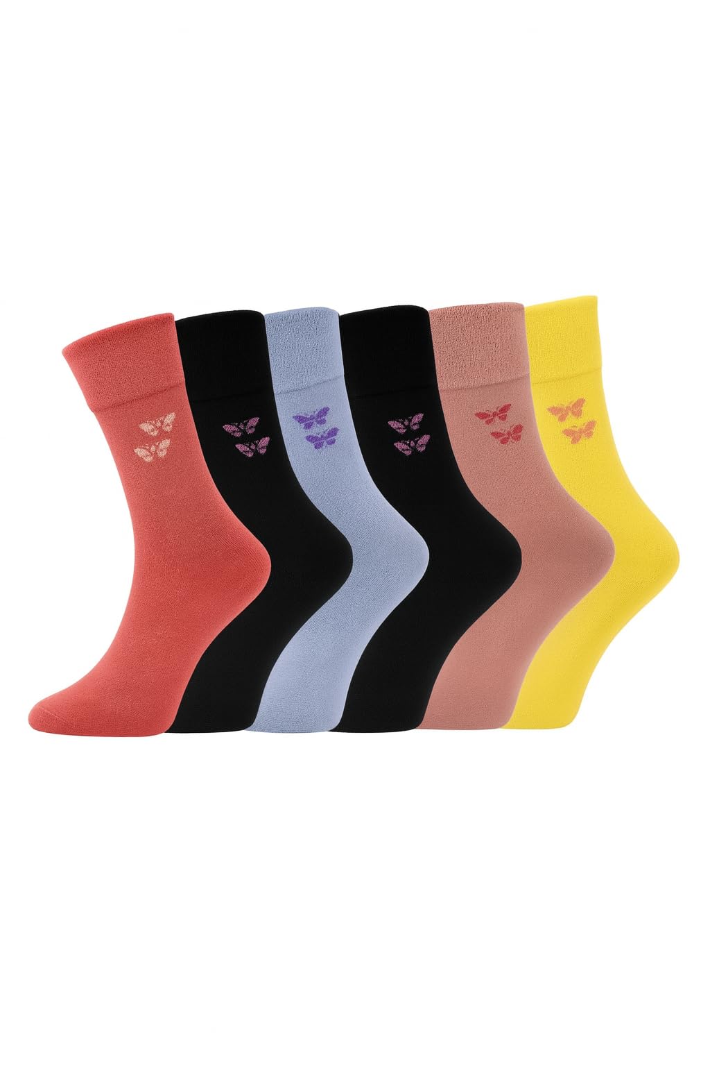 Arg Women's Butterfly 6 Pairs Non Elastic Diabetic Socks Easy Grip Loose Soft Top Cotton Sock For Swollen Feed Odema Friendly Uk 4-8 (Cotton, )
