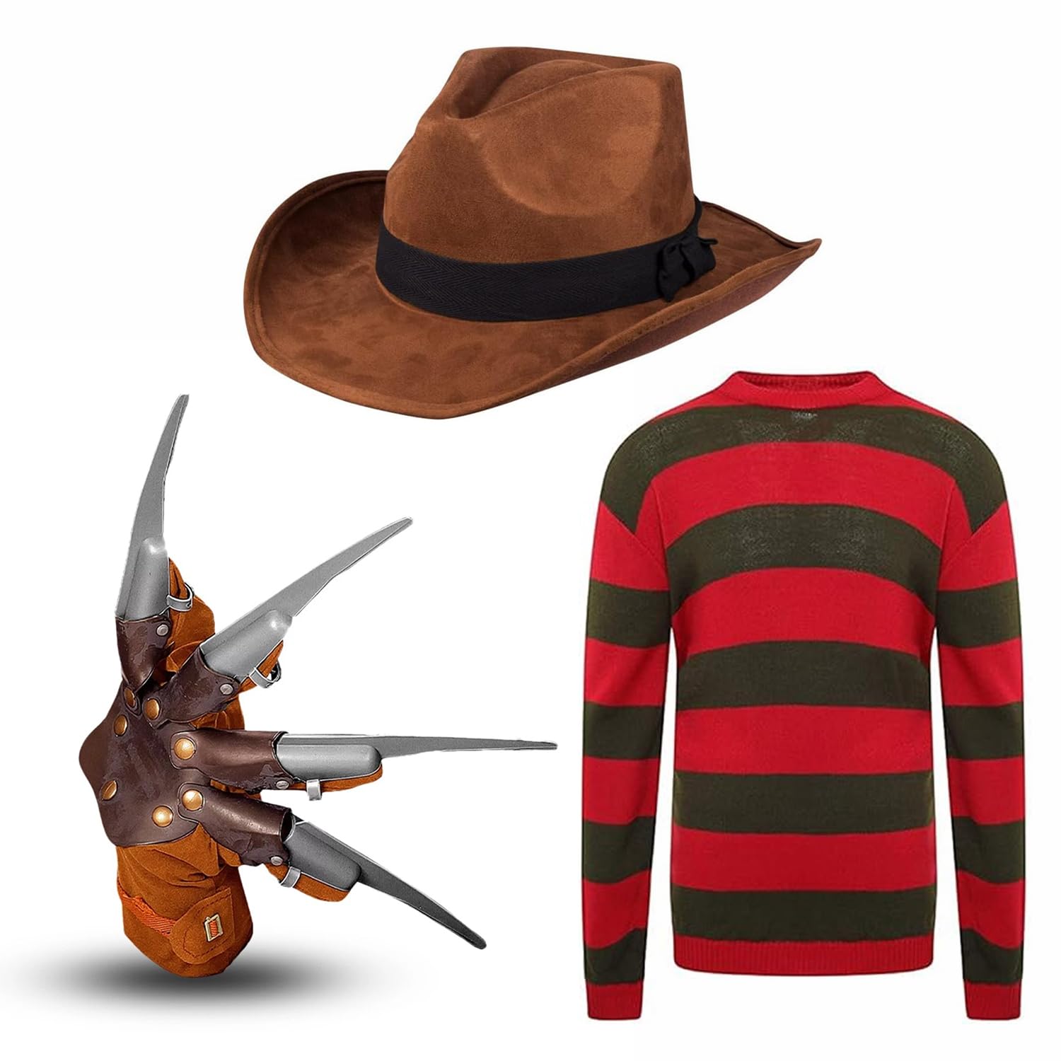 Dreamzfit - Adult Jumper & Claw Glove Freddy Krueger Cosplay Outfit 2PC Set | Mens Nightmare on ELM Street Halloween Horror Scary Fancy Dress Costume (UK, Alpha, XS, Regular, Regular)