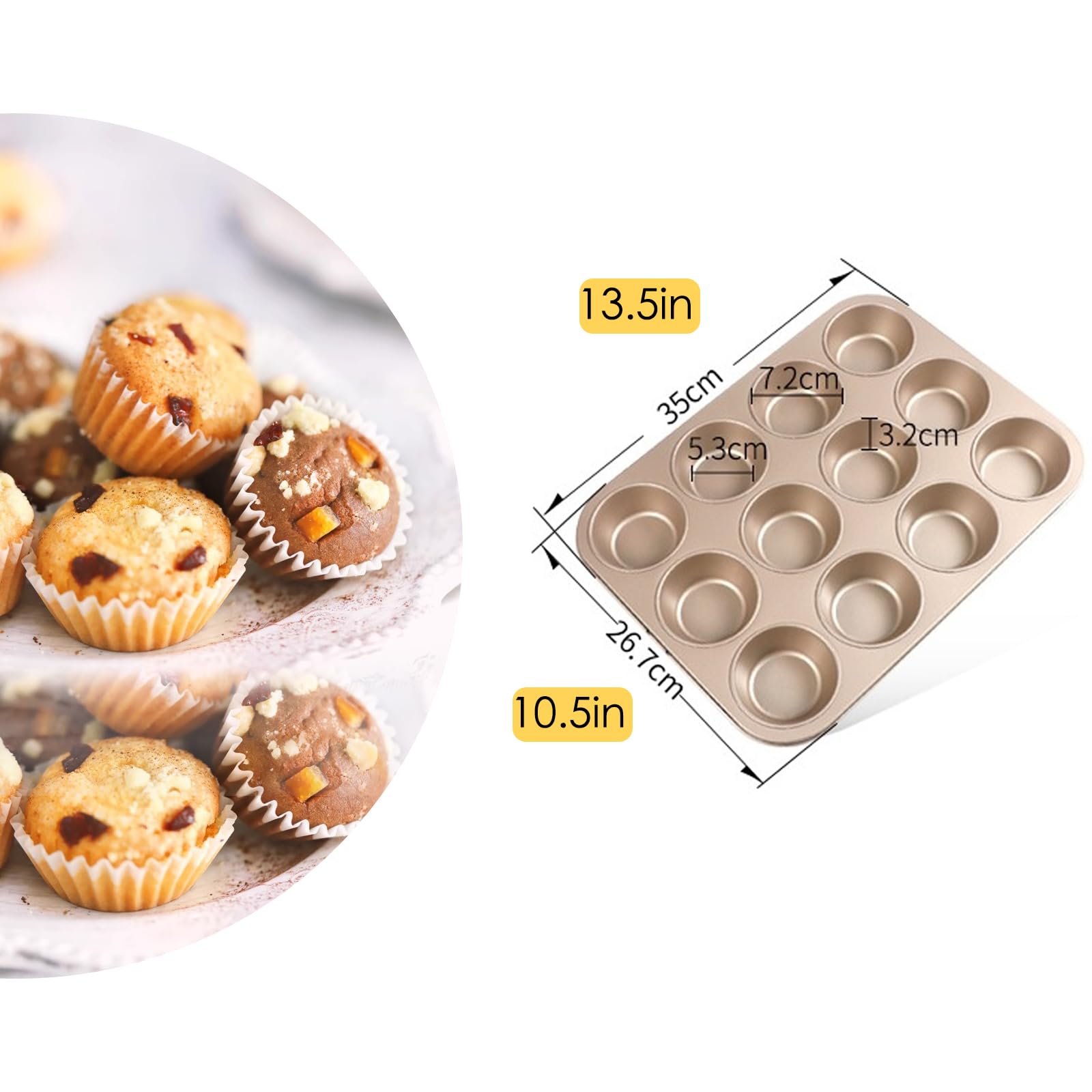 Molde para magdalenas para hornear, molde antiadherente para magdalenas, 12 tazas, paquete de 2 bandejas para tartas, moldes para tartas de queso de primera calidad, color dorado