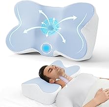 JOLLYVOGUE Cervical Neck Pillow for Pain Relief Memory Foam Side Sleeper Pillow with Cooling Pillowcase, Ergonomic Design for Back Stomach Sleepers, Large, Light Blue