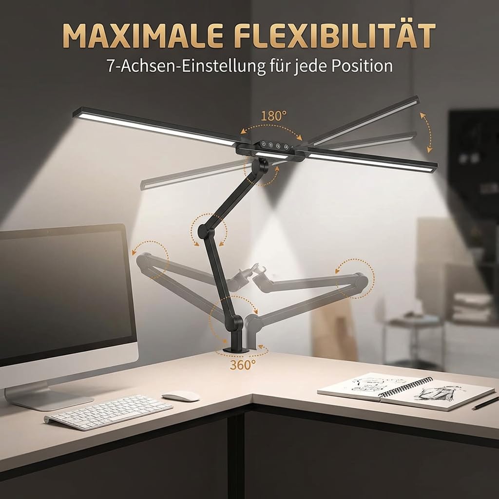 Schreibtischlampe LED Dimmbar, 24W 1500LM Doppelkopf 95cm Breit mit 7 Gelenke Schwenkarm Auto-Dimming Tischlampe für L-Form Schreibtisch & Dual-Monitor, Home Office, Schwarz