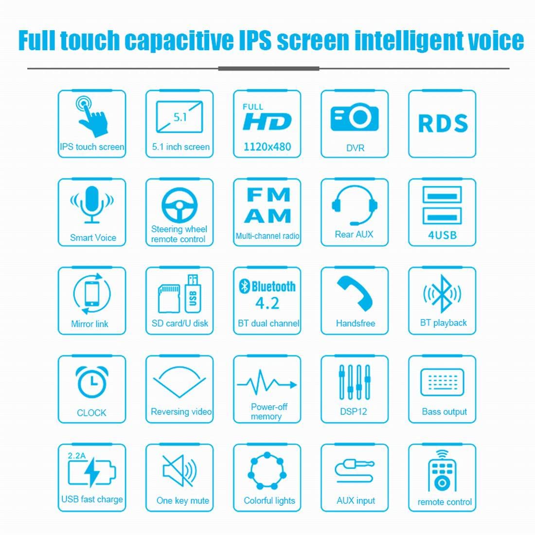5,1 Pulgadas 1Din 5188 Reproductor MP5 para Coche IPS Pantalla de Prensa Control de Voz Radio RDS Am FM 4USB interconexión bidireccional