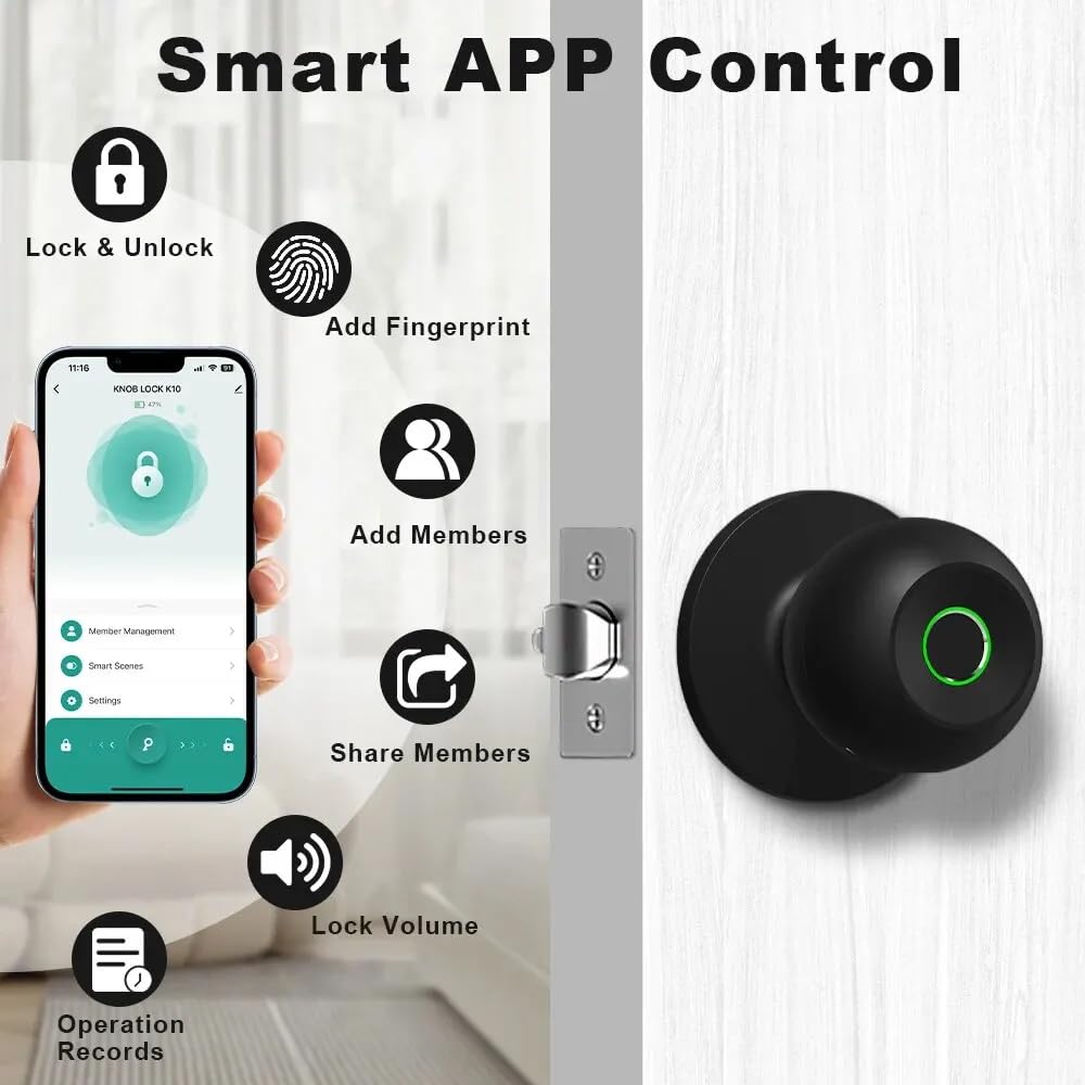 Smart Door knob, Elektronisches Türschloss, Fingerabdruck-Türknopf mit App-Steuerung, Biometrisches Türschloss, für Schlafzimmer、Wohnungen、Büros、Hotels