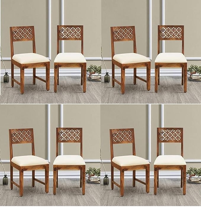 Image of Credenza Solid Sheesham Wood Dining Chairs Only | Wooden Set of 8 Dinning Chair for Kitchen & Dining Room | Chairs with Cushion | Rosewood, Rustic Teak Finish (Set of 8 Brown)