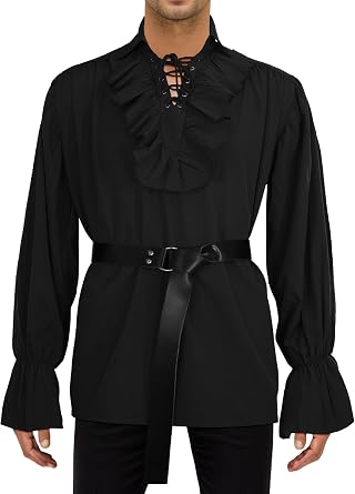 AUBIG Mens Pirate Vampire Shirt Wide Cuff Renaissance Victorian Medieval Gothic Shirt Halloween Costume Without Belt