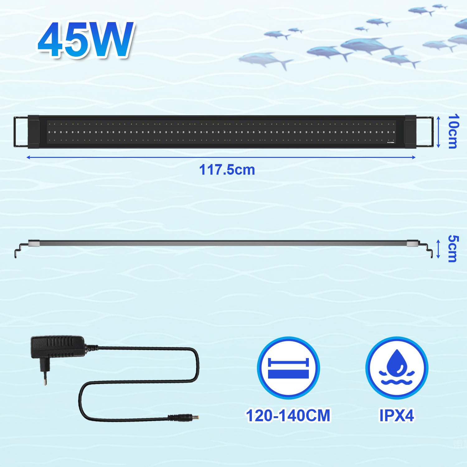 Aquarium LED Beleuchtung mit 24/7-Zyklus, Vollspektrum Aquarium Licht mit Timer, 10 Helligkeitsstufen Dimmbar, Aquarium licht mit ausziehbarer Halterung, für 120-140cm Fischtank