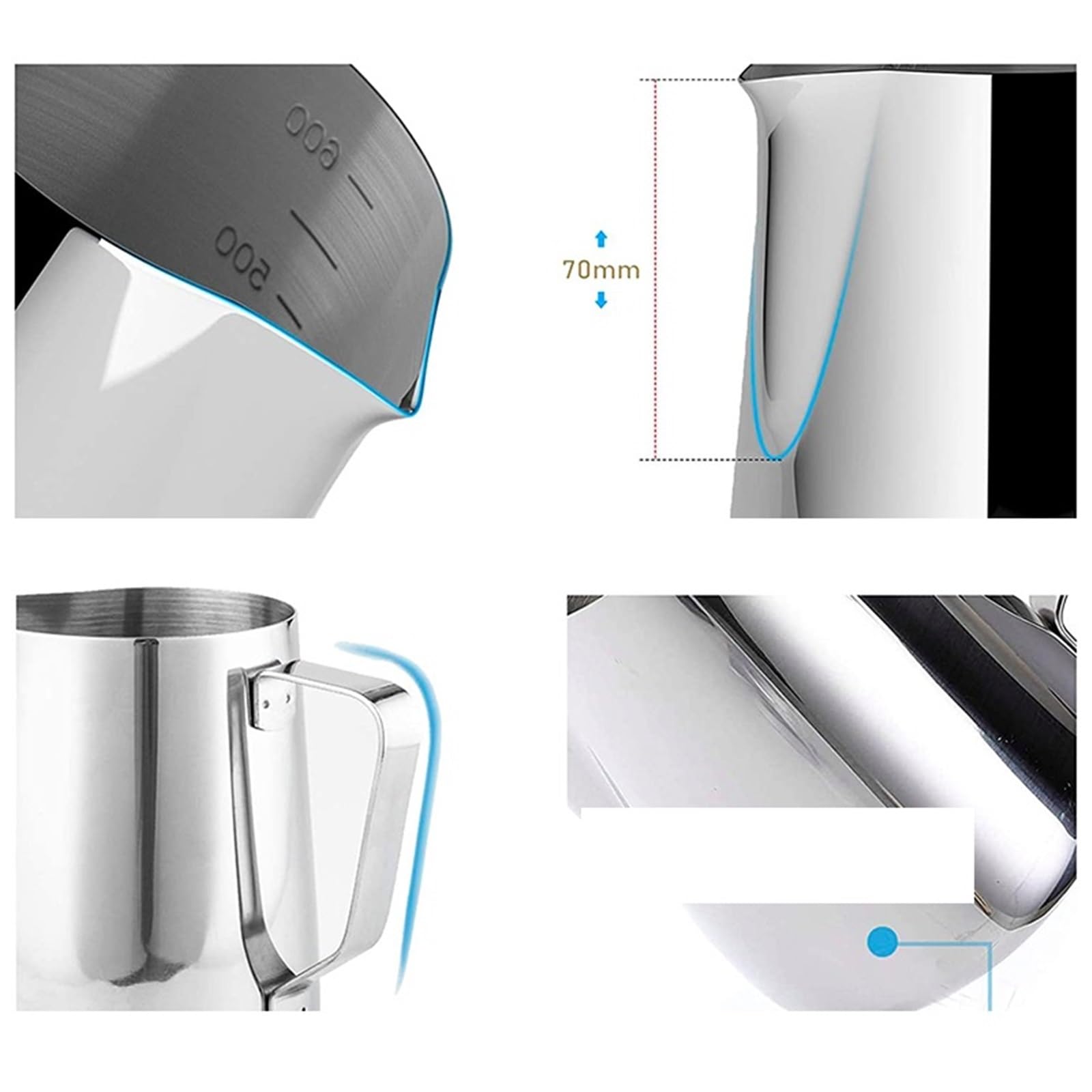 Jarra de espuma de leche de acero inoxidable, 2 uds., jarra humeante con escala for capuchinos, Latte Art Para café(600ML Silver)