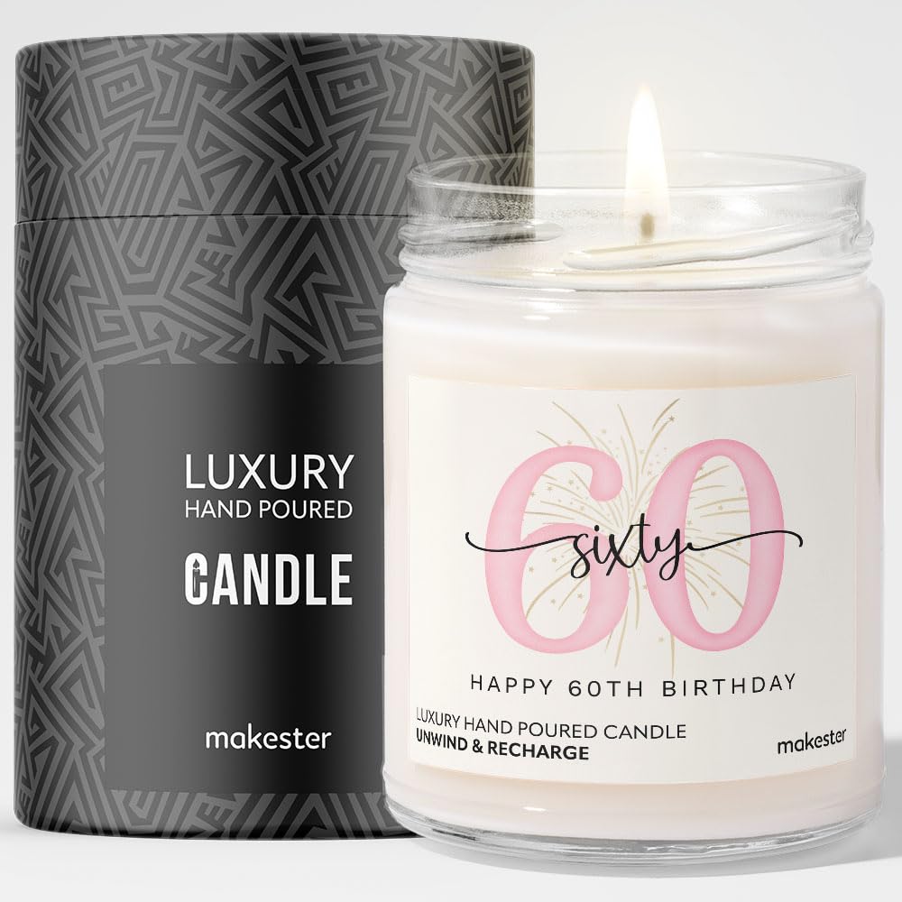 60th Birthday Gifts - Luxury Soy Wax Candle - Vanilla, Jasmine, Sugared Almond - Makester
