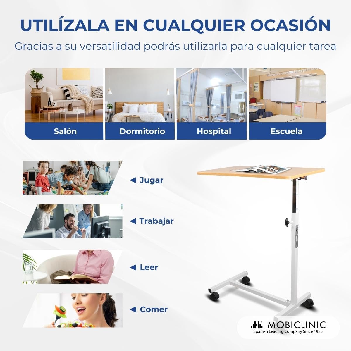 Mobiclinic, Mesa Auxiliar, con Ruedas, Modelo Meseta, De Altura Regulable, para sofá y Cama, Ligera Ayuda Personas Mayores, Elevable