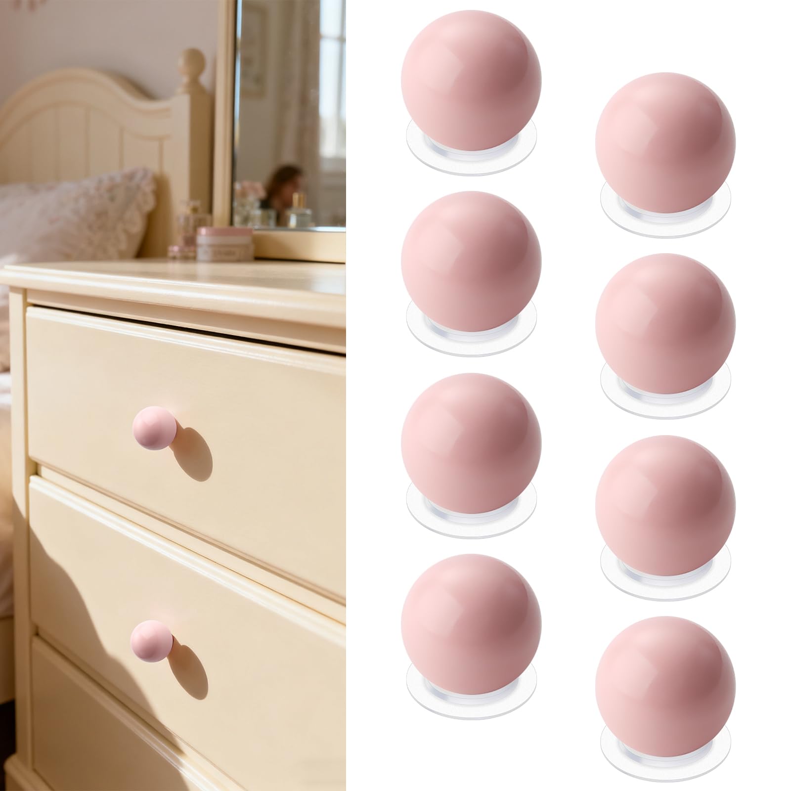 CoreFunc 8 Pack Adhesive Cabinet Knobs Pink Stick On Drawer Pulls Drill Free Cabinet Handles No Punch Peel and Stick Pulls Adhesive Handles for Glass Door Refrigerators Nursery Dressers