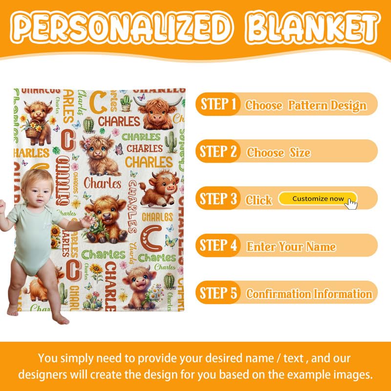 Image of Custom Highland Cow Blanket for Boys Girls,Ultra Soft Personalized Gifts Baby Blanket,Customized Throw for Toddlers Newborn Stroller Crib,40 inchx50 inch