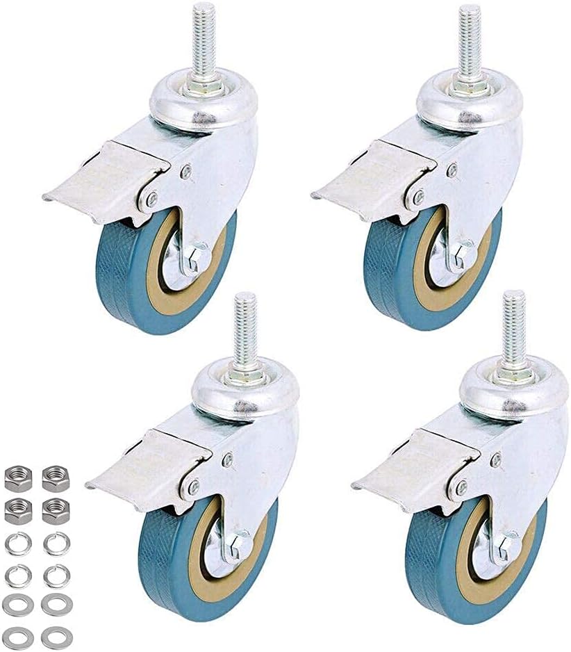 4 Pack, WeFoonLo Locking Threaded Stem Mount Swivel Caster Rotation Non-Marking Polyurethane Castor Wheel and Brake for trolley, Carts, Furniture, Dolly, Workben (Threaded Stem: M12x 30mm)