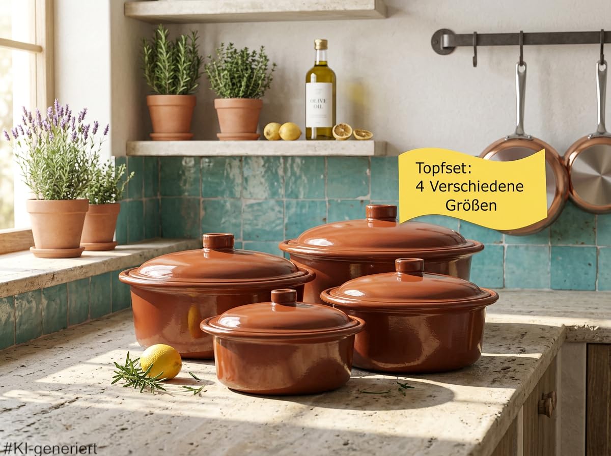 Ton-Cocotte mit Deckel 1,5 – 4,5 Liter - 4er Set – Glasierte Schmortopfe für Ceran, Gas, Ofen & Grill – Mediterraner Tontopf spülmaschinengeeignet