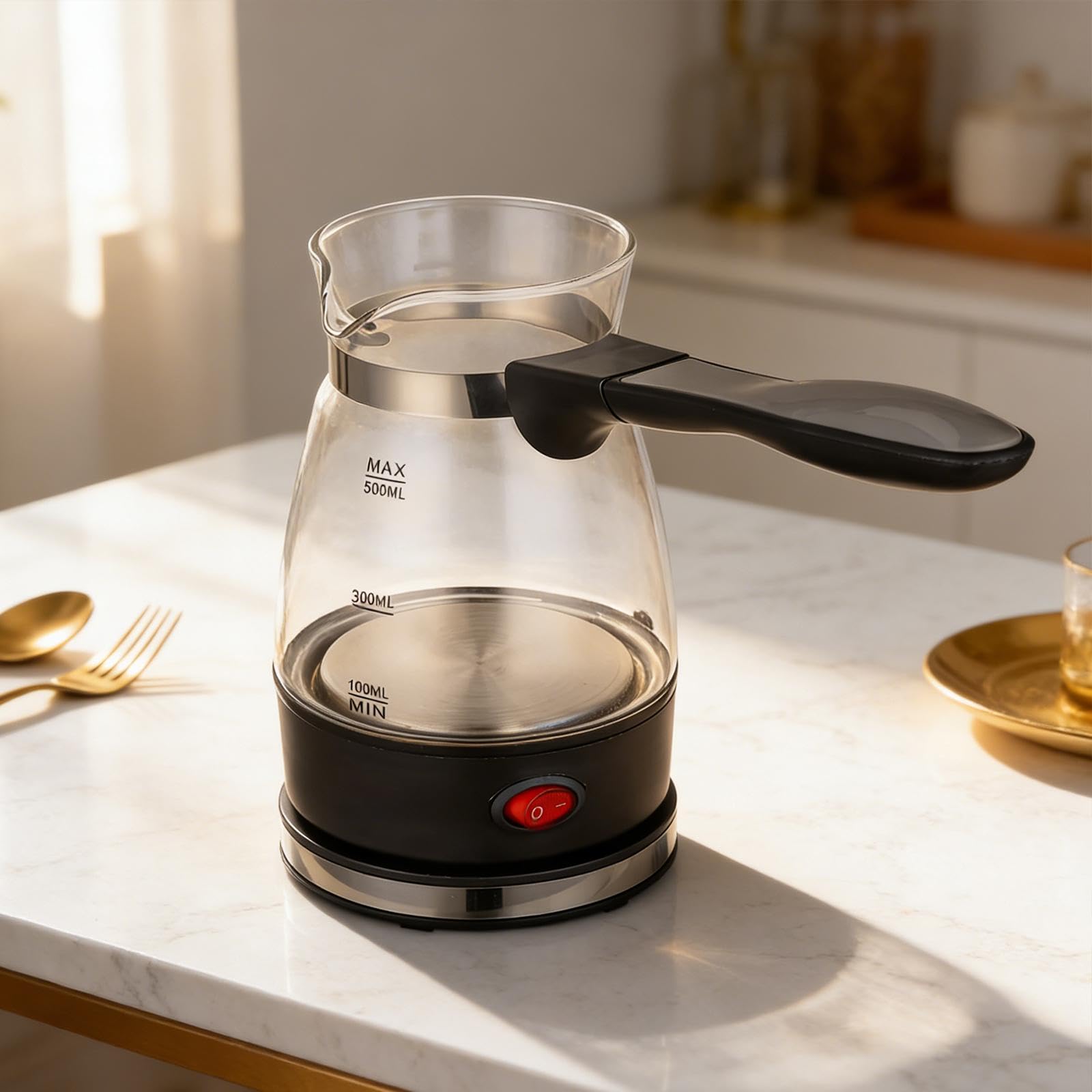 Milageto Elektrische Kaffeekanne, 500 ml Mokkakanne, türkische Kaffeemaschine mit Verbrühschutz für Tee, Kaffee & kalte Getränke, elektrische Kaffeemaschine für zu Hause, Cafés, Camping, Clar