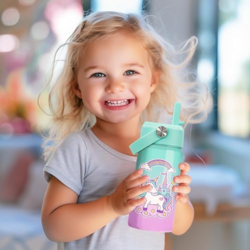 Miniatura 6 de SANDJEST Botella de agua de unicornio  Botella de agua para niños con tapa con popote  Botellas de agua de acero inoxidable aisladas de 12 onzas