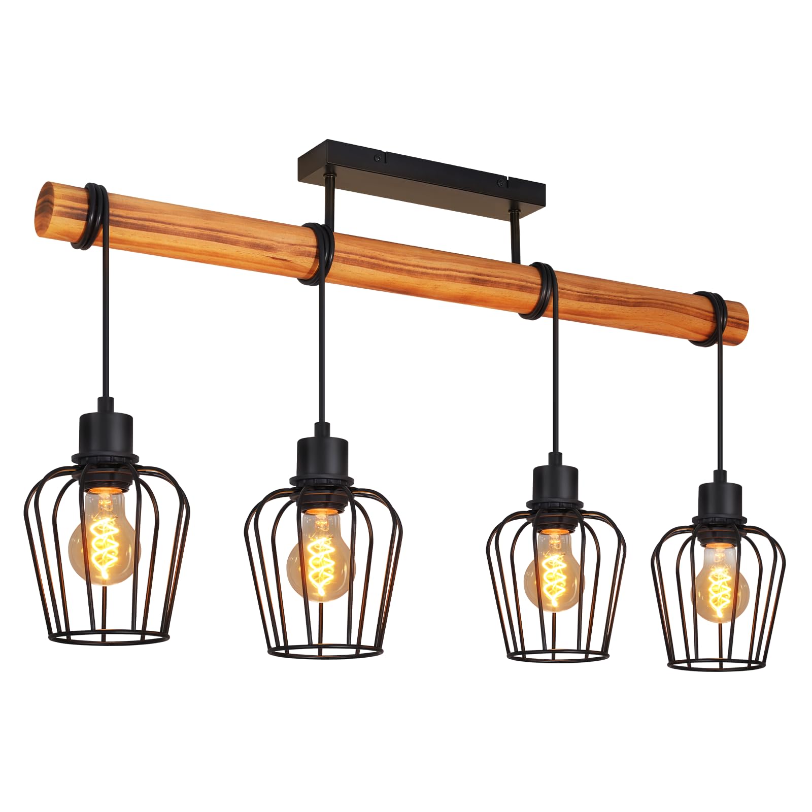 ZMH Vintage Plafonnier Salon Bois : Lustre Style Industriel Noir 4 Lumières Rétro - Applique Cuisine Métal avec Douilles E27 pour Salle à Manger (Ampoules Non Incluses)
