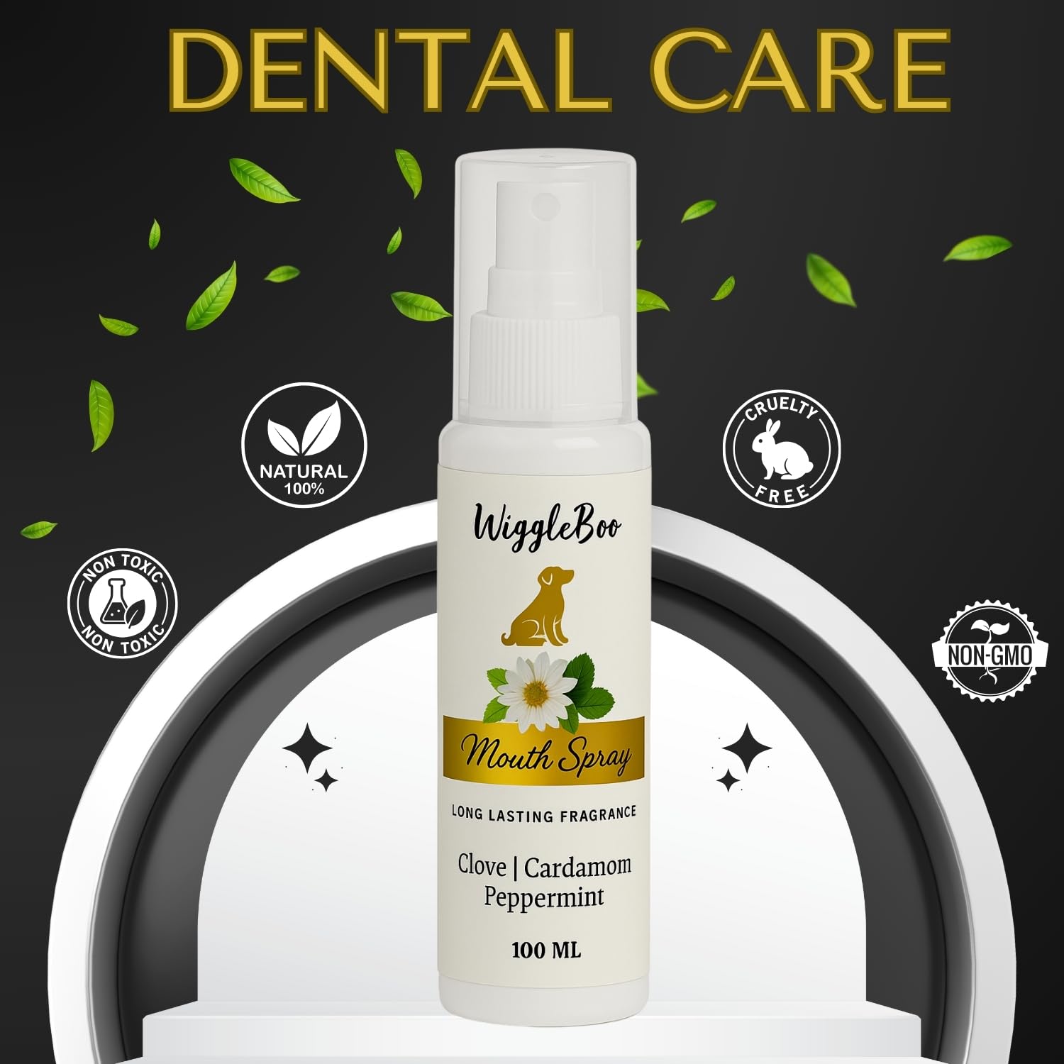 WiggleBoo Dog Mouth Spray | Spearmint & Peppermint Oral Care | Easy Brushless Dental Spray for Dogs & Cats | Reduces Plaque, Tartar & Bad Breath | Supports Gum Health & Daily Hygiene | 100ml 3