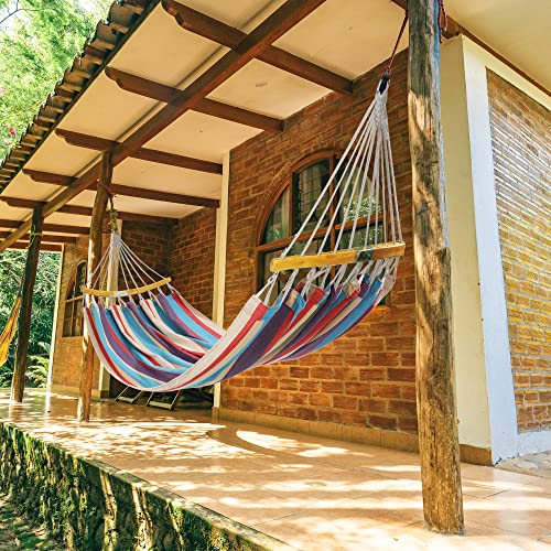 Outdoor Double Hammock with Travel Bag, Portable 2 Person Patio Hammock with D Rings and Tree Straps for Camping, Picnic, Backyard, Foldable and Curved Spreader Bar, Red Blue - Image 3