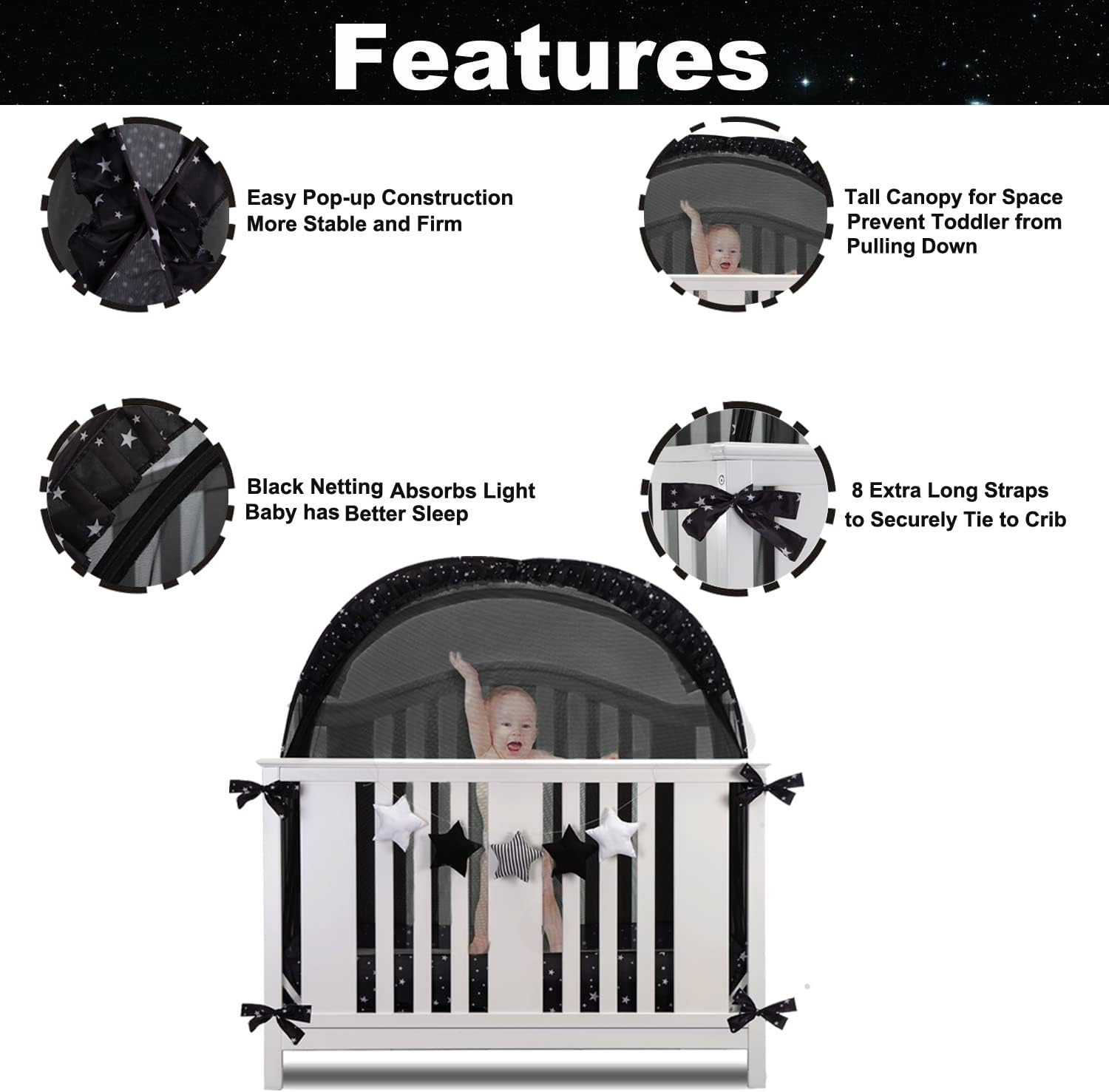 Safety Crib Tents to Keep Toddler in, Pop Up Baby Mosquito Net Cover Bed Canopy for Infant - Black