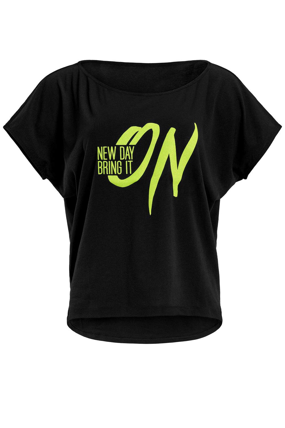 Winshape Women's Damen Ultra leichtes Modal-Kurzarmshirt MCT002 mit neon gelbem „New Day Bring it on” Glitzer-Aufdruck T-Shirt, Schwarz-Neon-Gelb-Glitzer, XL