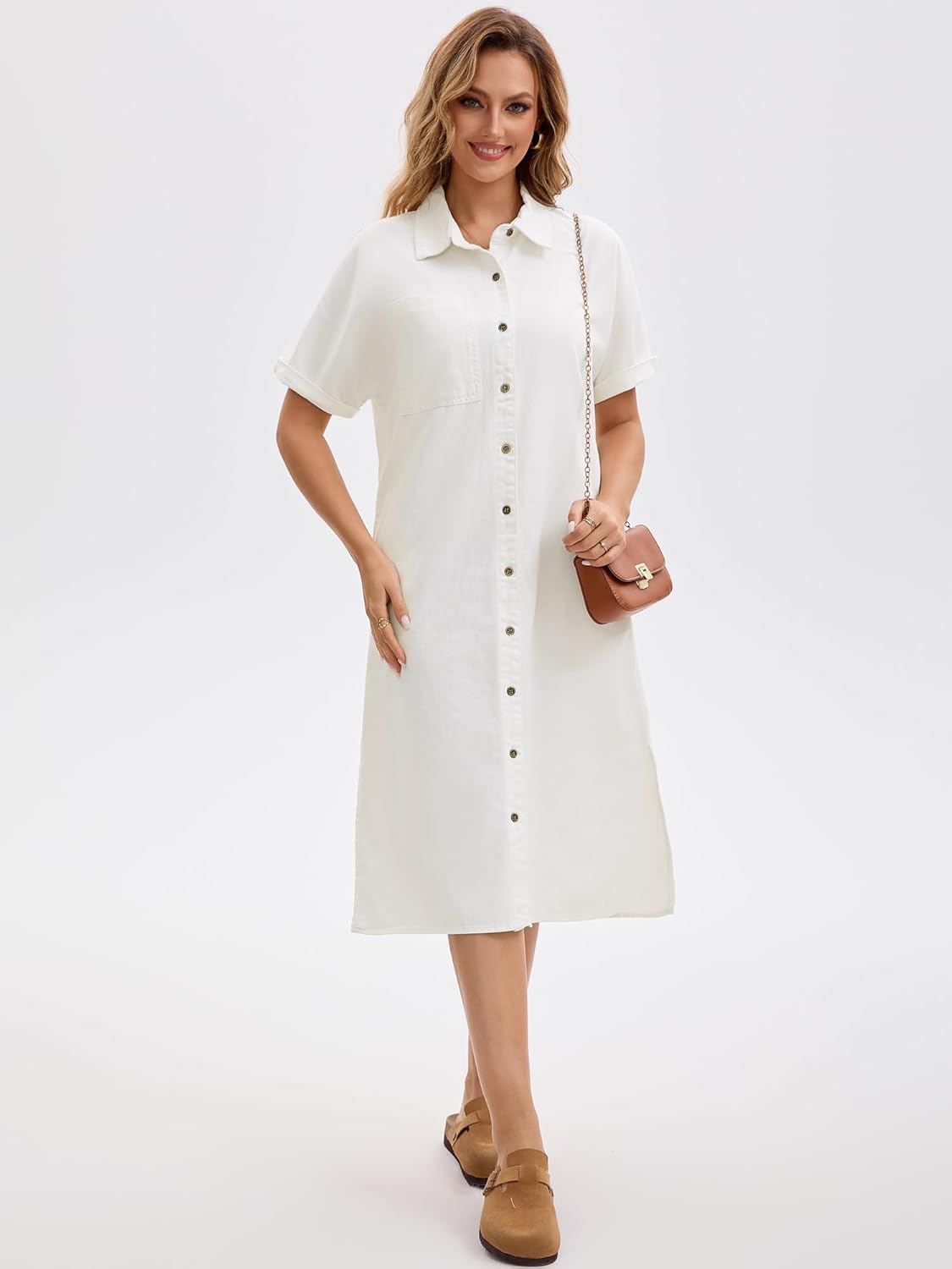 Women's Midi Denim Dress Summer Short Sleeve Button Down Casual Loose Long Tunic Jean Shirt Dress - Image 4