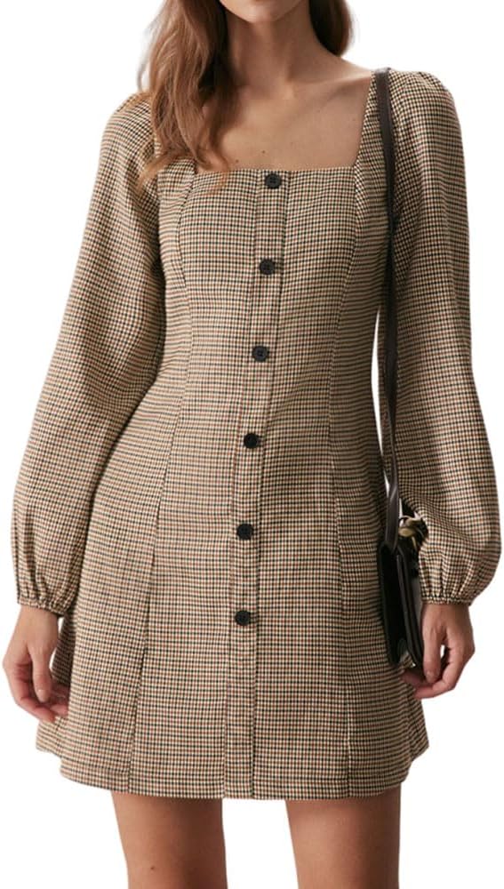 RIHOAS Women's Plaid Long Sleeve Square Neck Mini Dress, A-Line Slim Fit Button Dress for Women