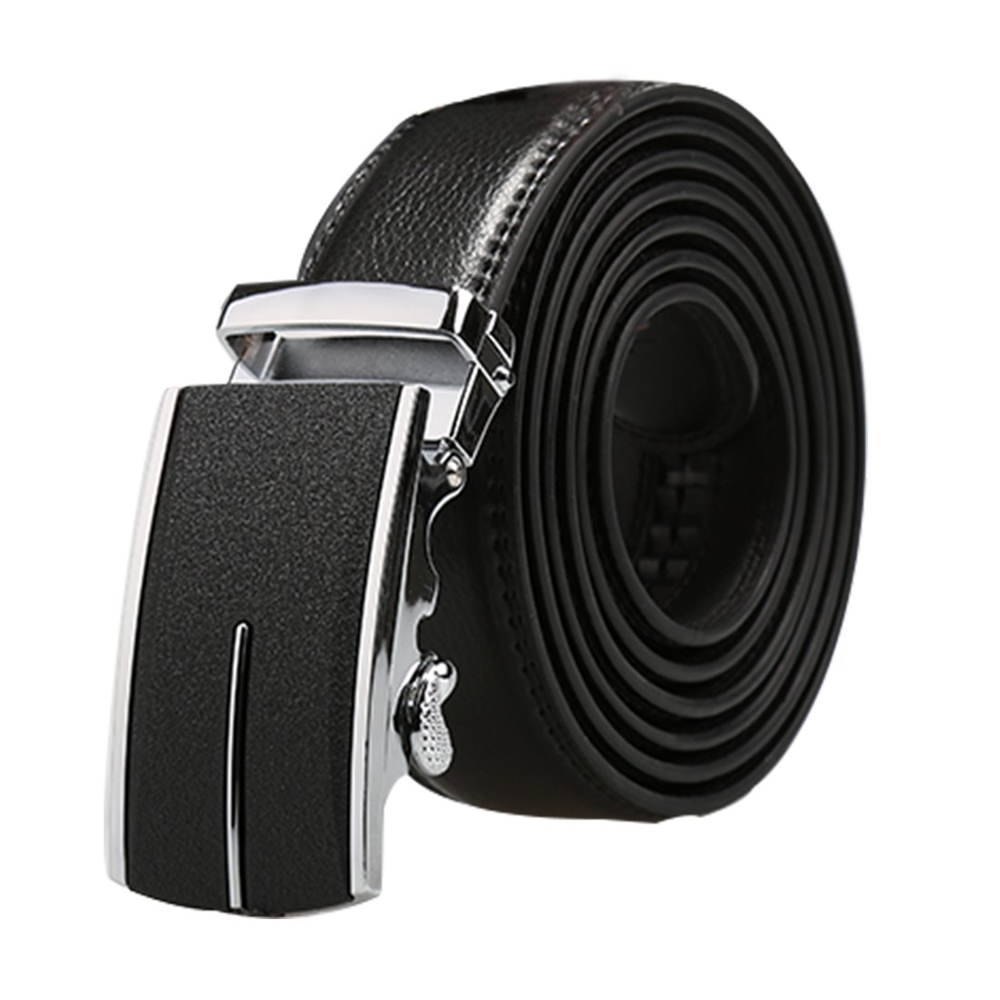 Sourcing Map Men's Black-Stripe Automatic Buckle Ratchet Large Dress Leather Belt Width 1 3/8" Black 150Cm